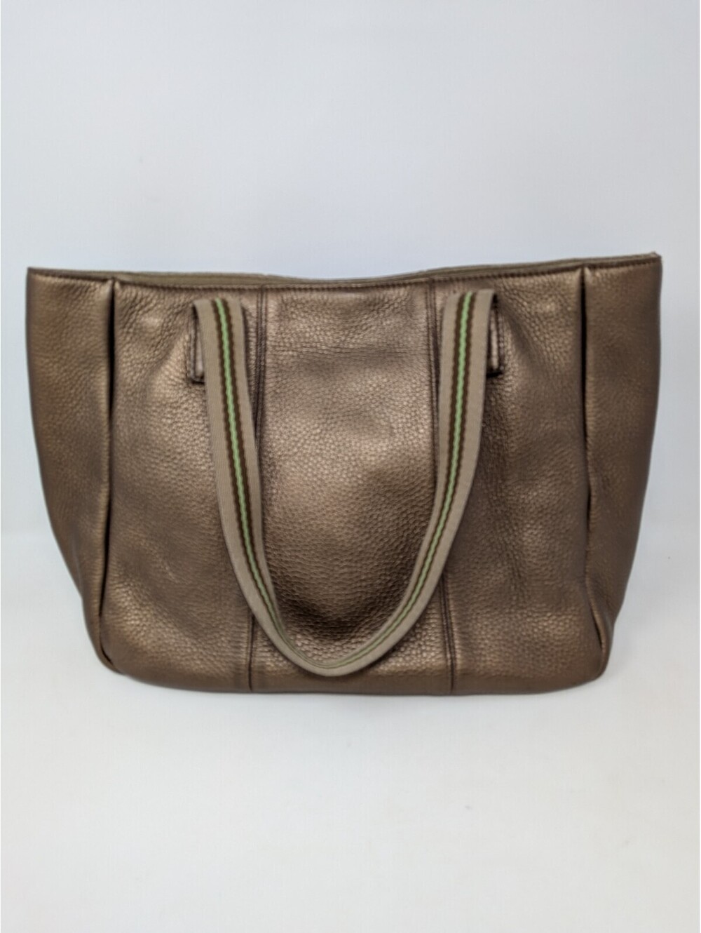 TALBOTS Metallic Bronze Pebbled Leather Tote Shoulder Bag Striped Handles 15"